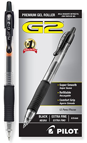 Pilot G2 Retractable Gel Roller Ball Pen with 0.5mm Extra Fine Point, Black Ink, 12-Pieces