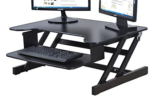 Rocelco ADR Height Adjustable Sit/Stand Desk Computer Riser, Dual Monitor Capable, 50lb Capacity - 32" wide With Retractable Keyboard Tray - Black Finish
