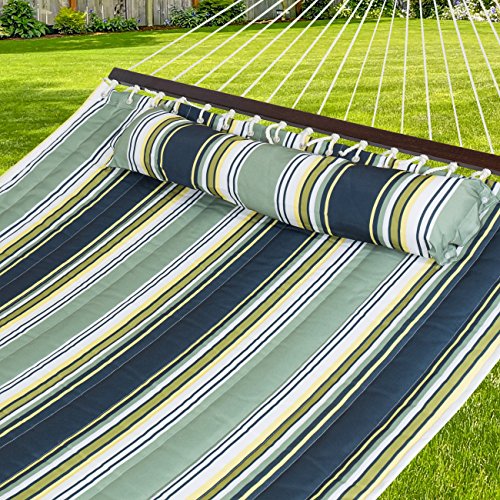 Best Choice Products Hammock Quilted Fabric With Pillow Double Size Spreader Bar, Green Stripe